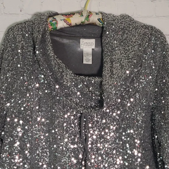 Zenergy By Chicos Silver Sequins Slouch Neck Quarter Sleeve Top Womens Size 3 - Picture 5 of 9
